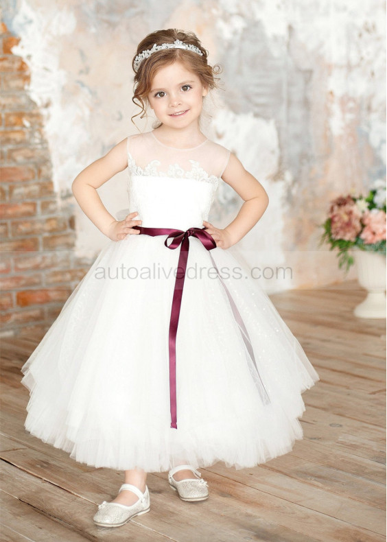 Ivory Lace Tulle Tea Length Flower Girl Dress